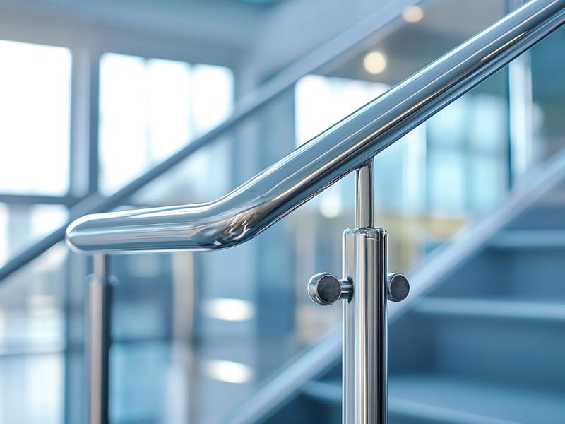 Stainless steel handrail and post with round glass clamps installed on a modern indoor staircase.
