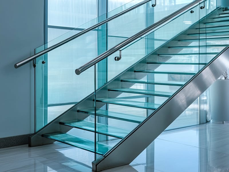 Modern architectural staircase with clear glass tread steps, frameless glass balustrades, and stainless steel handrails.
