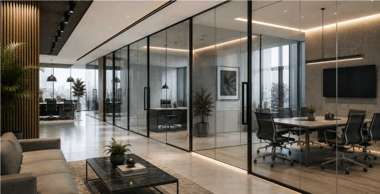 Modern office corridor featuring glass-partitioned meeting rooms, private executive suites, polished concrete floors, and a lounge area with a grey sofa.